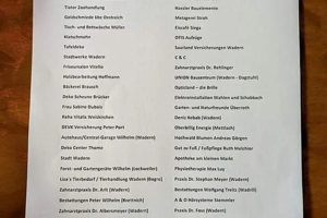 Liste mit Namen und Institutionen, gedruckt auf weißem Papier mit leichtem Knick in der Mitte